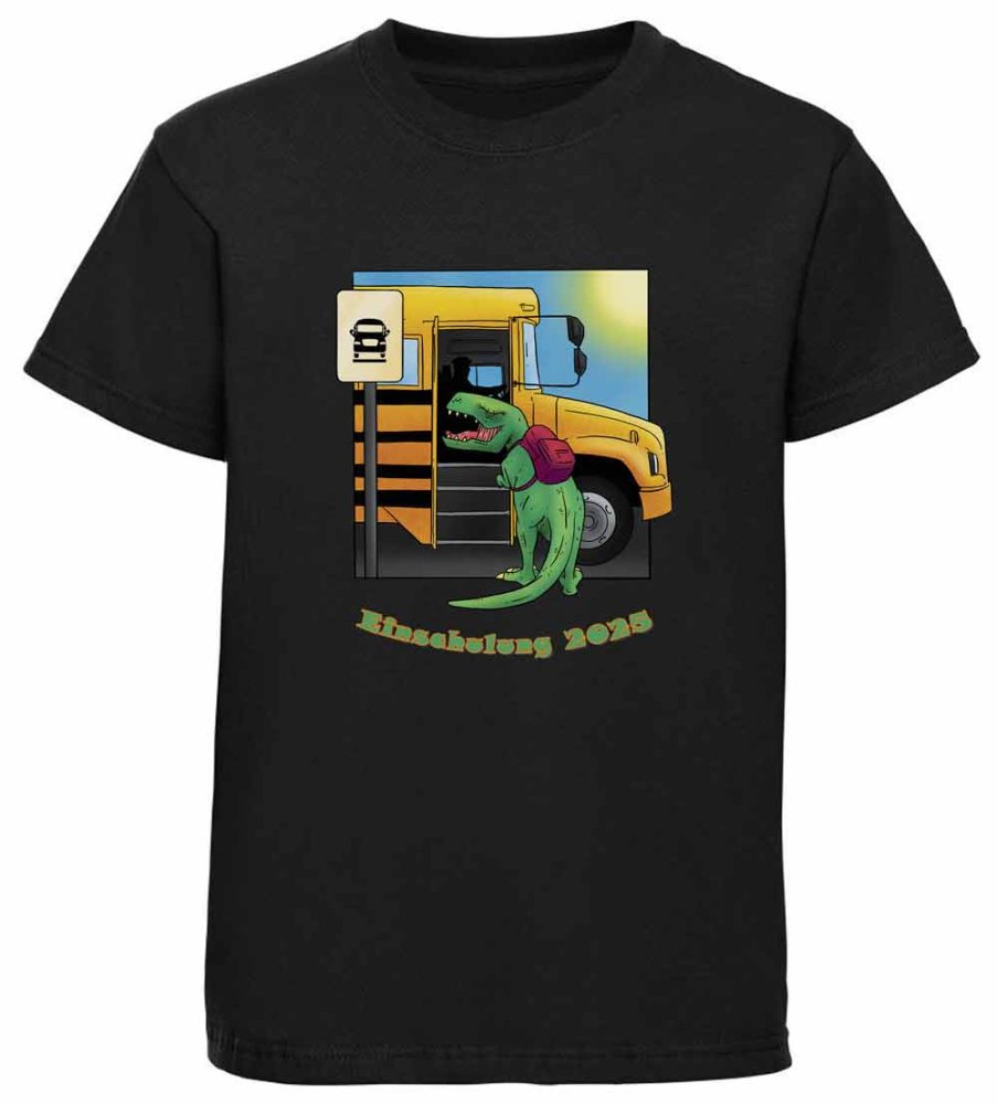 Children's printed t-shirt Dino with school bus enrollment 2023